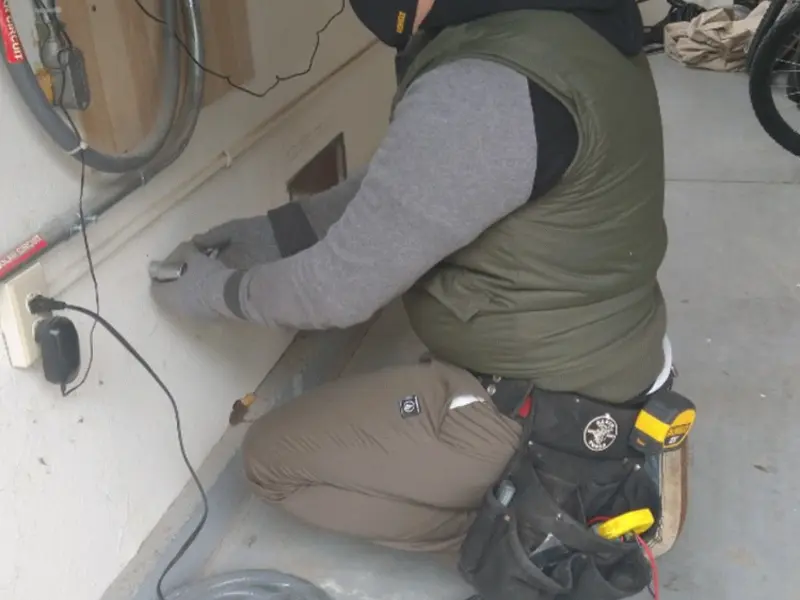 Electrician performing outlet wiring in a Grand Haven garage
